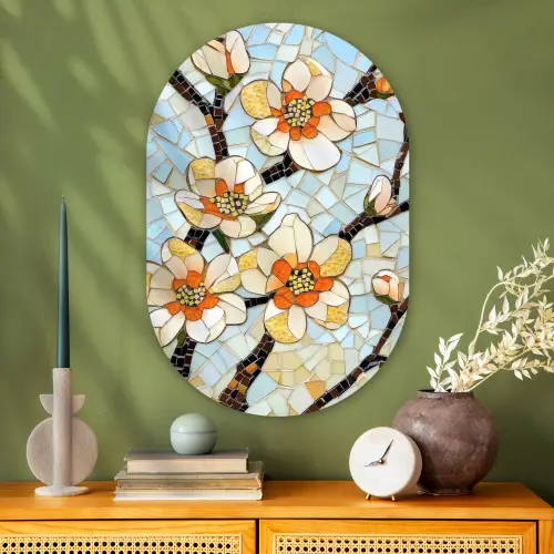 Bloesems - Wit - Mozaïek - Tak Wandcirkel Ovaal Glas middel -sfeer2