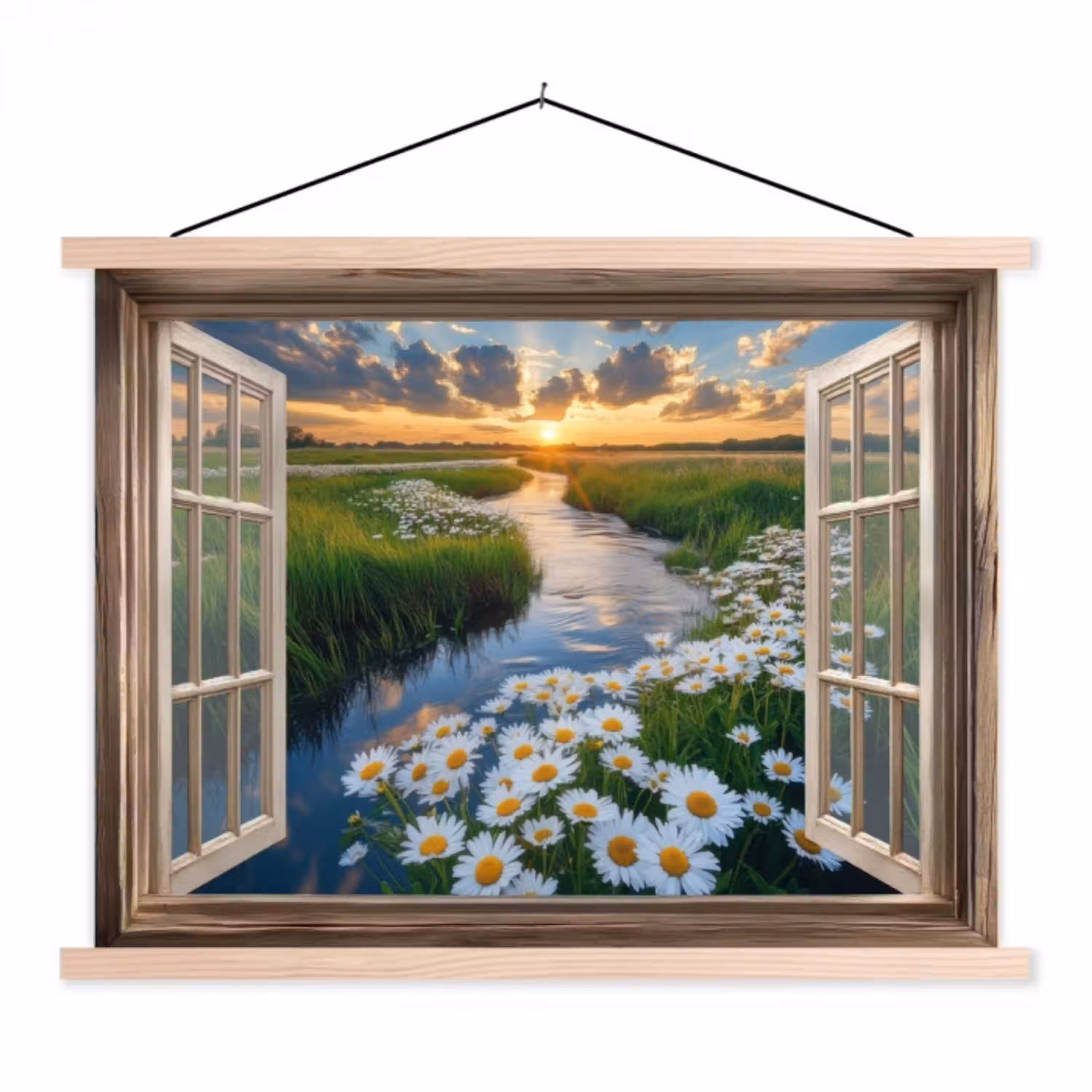 Doorkijk - Landschap - Raam - Water - Zonsondergang textielposter latten blank klein -3d