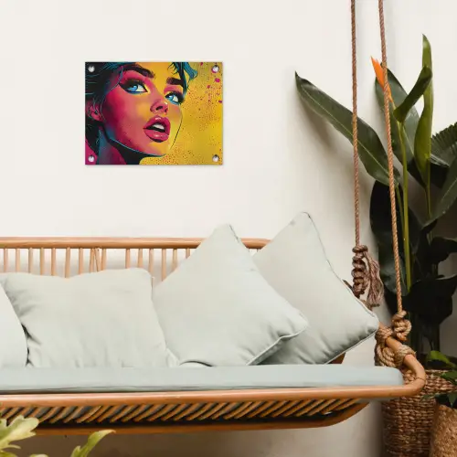 Close-up - Vrouwengezicht - Stippen - Geel tuinposter los doek klein -sfeer7