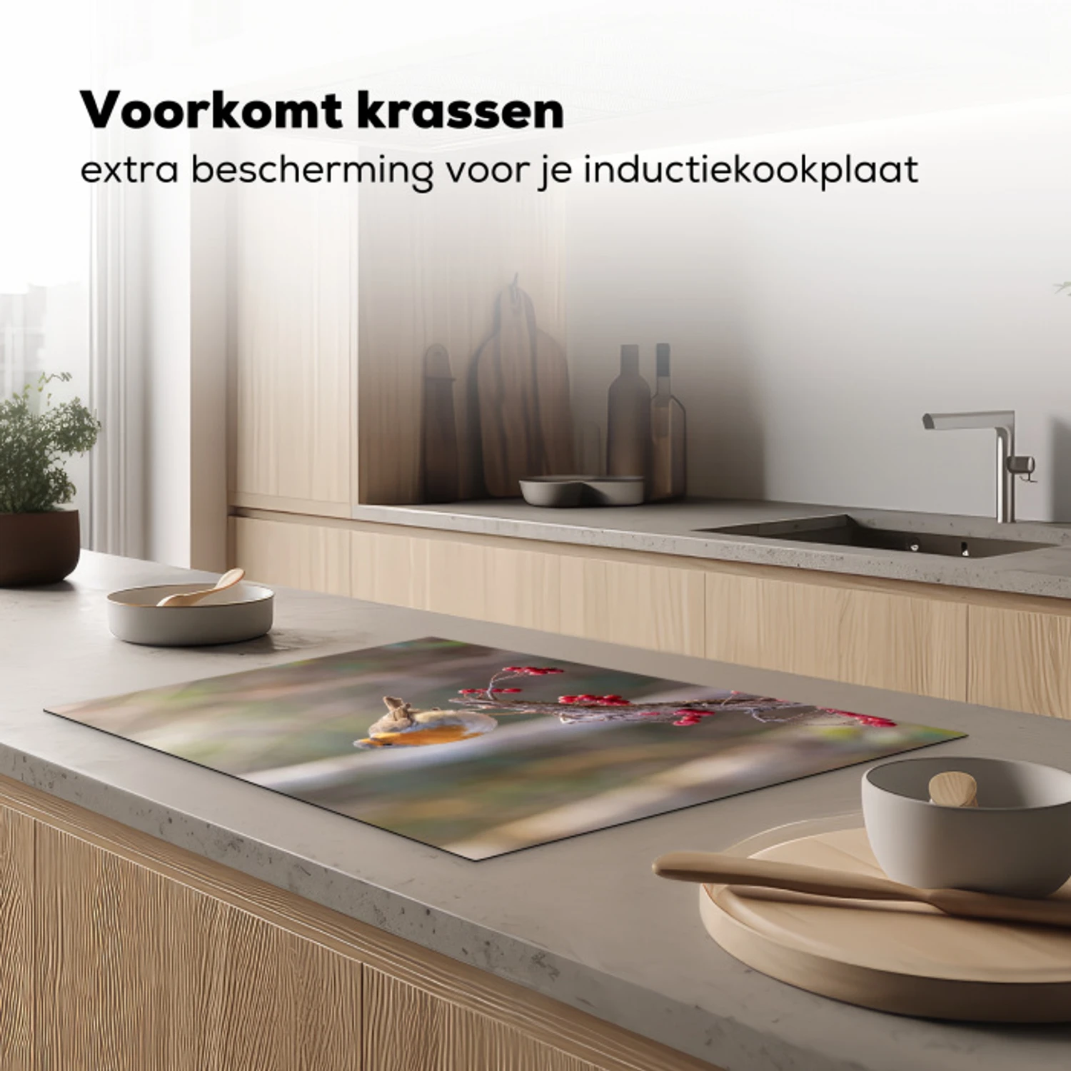Roodborst - Tak - Bessen - Natuur Inductie beschermer vinyl 3mm klein -sfeer1