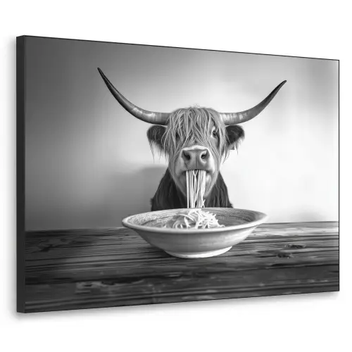 Schotse Hooglander - Spaghetti - Dieren - Zwart wit Textielframe zwart klein -3d