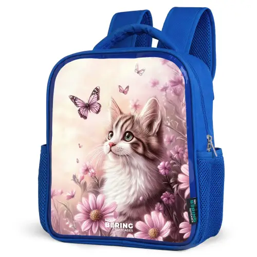 Kat - Paars - Vlinders - Bloemen Kinderrugzak - Blauw middel -schuin