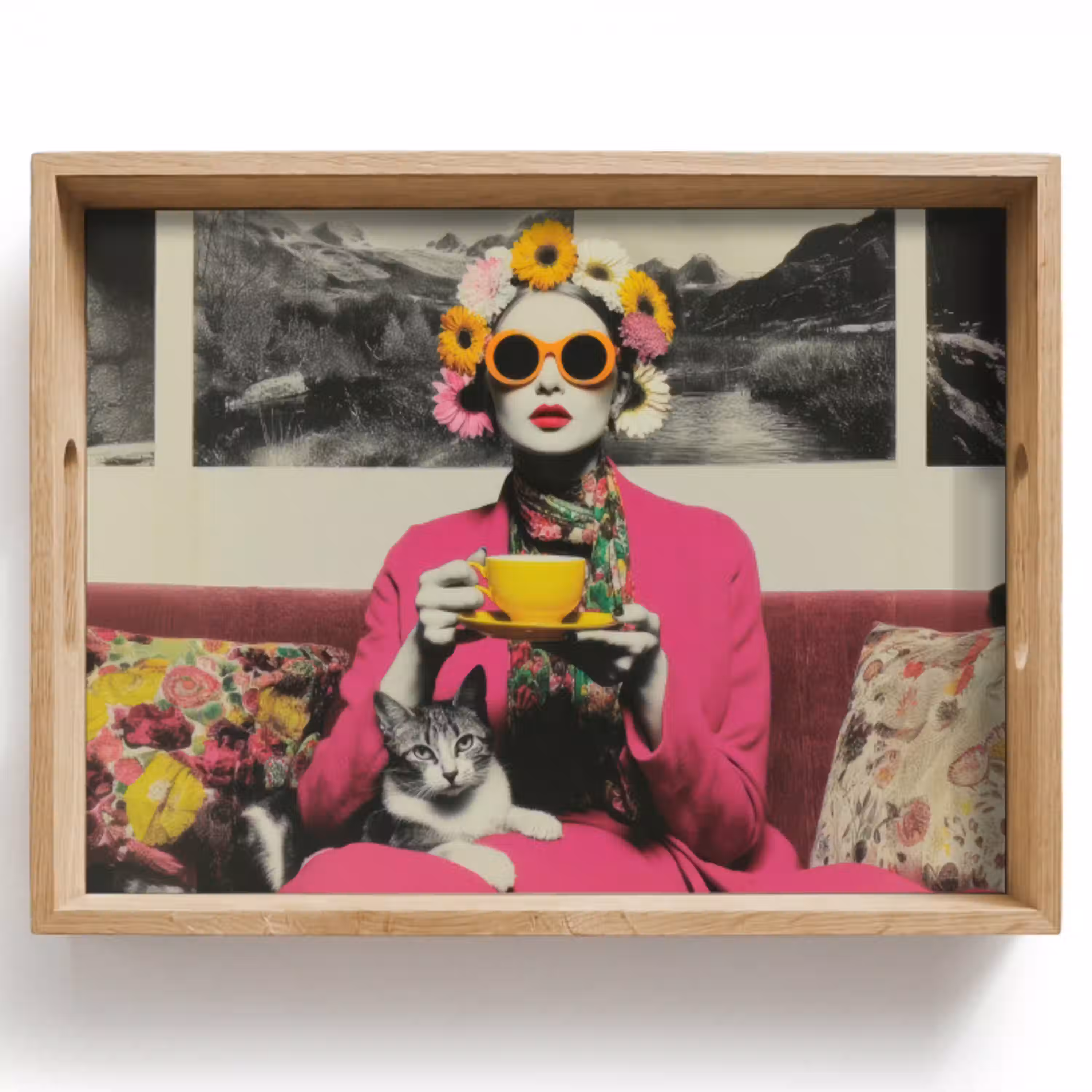 Vrouw - Kat - Bloemen - Kopje - Retro Dienblad Rechthoek middel -z3d_shopping