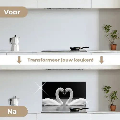 Zwanen - Hart - Zwart - Wit keuken achterwand spatscherm klein -voor_na_NL