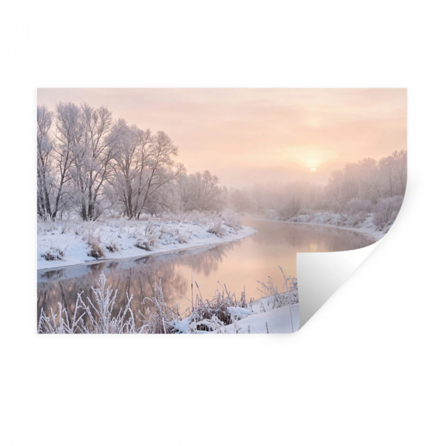 Rivier - Winter - Landschap - Sneeuw - Zonsopgang Muursticker klein -3d