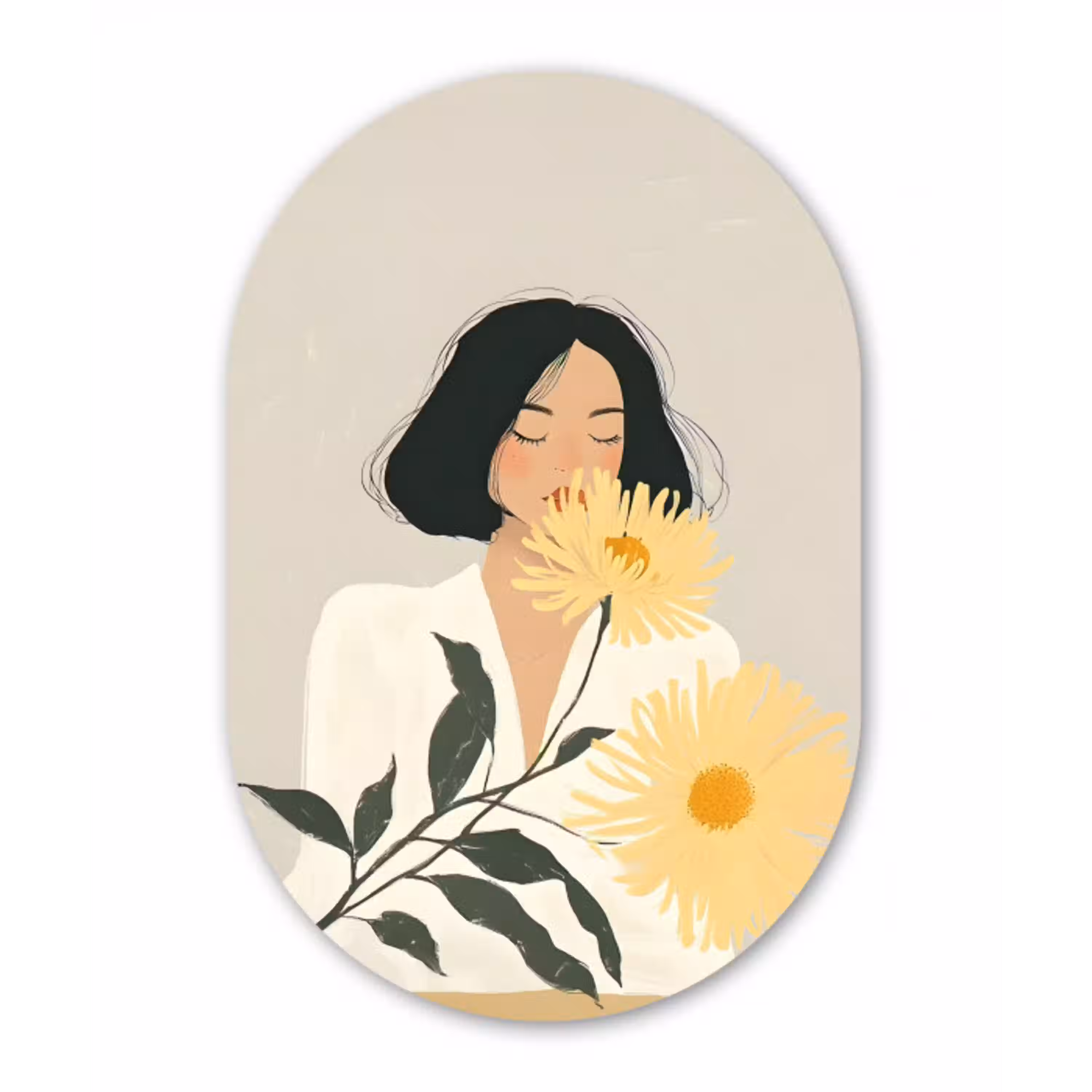 Vrouw - Bloem - Geel - Minimalistisch Wandcirkel Ovaal Glas middel -3d