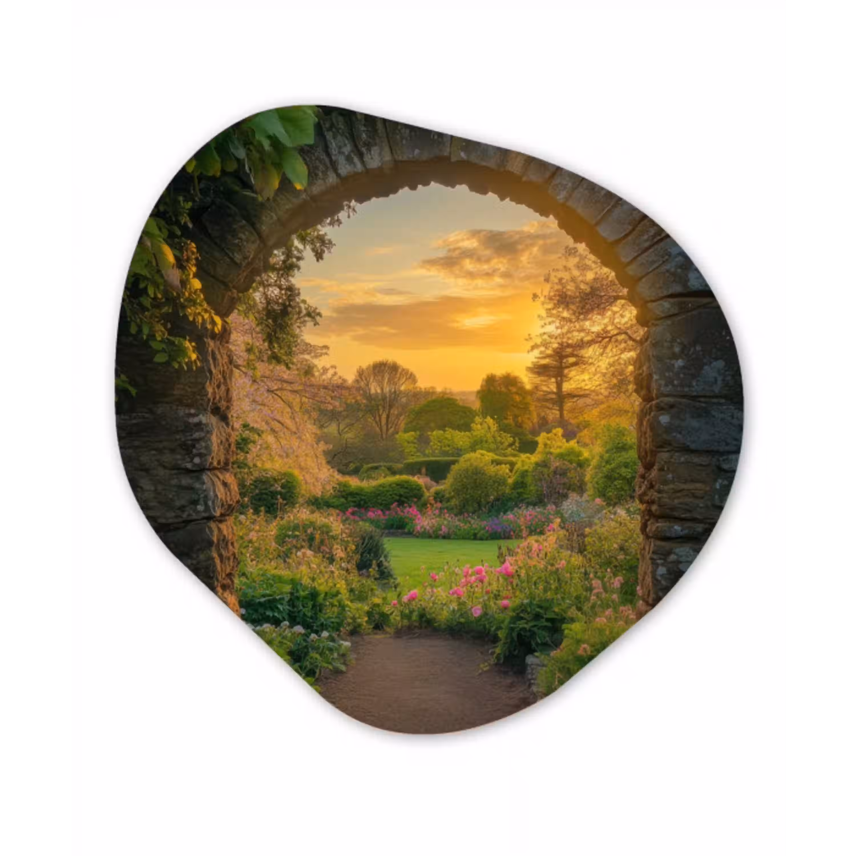 Poort - Planten - Zonsondergang Wandcirkel Organisch Plexiglas middel -3d
