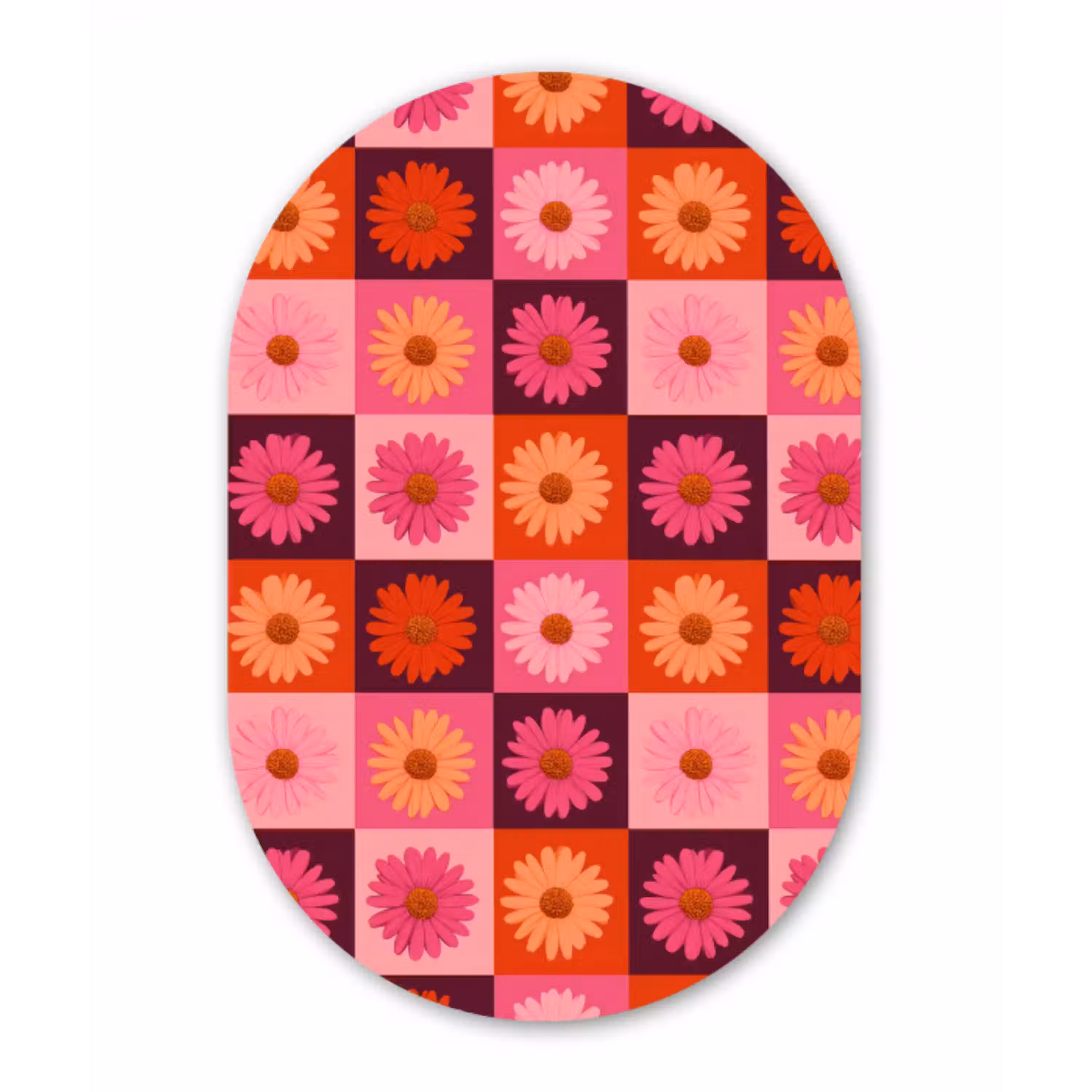 Madeliefjes - Dambord - Retro - Roze - Oranje Wandcirkel Ovaal Aluminium middel 839 -3d
