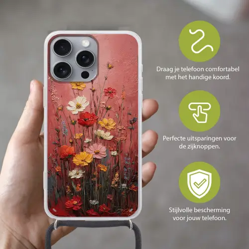 Bloemenboeket - Diepte - Tastbare textuur Hoesje iPhone 16 Pro Max met koord klein -sfeer2_NL