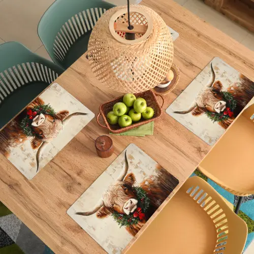 Kerst - Schotse Hooglander - Bruin - Krans Placemat vinyl groot -zzsfeer5_Kitchenyeah-website
