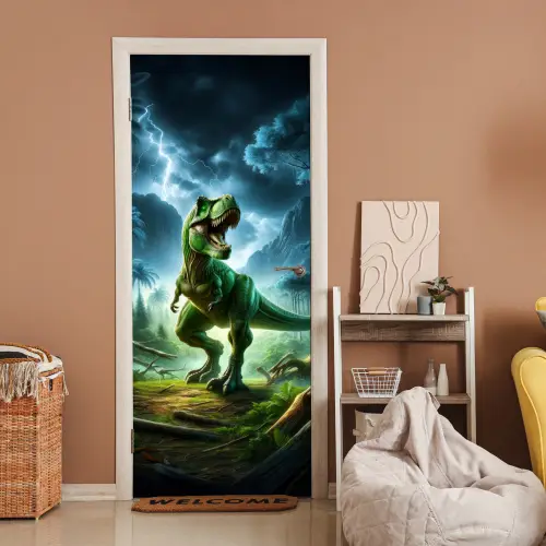 Dino - Jongens - Groen - Blauw - T-Rex deurposter klein -sfeer1