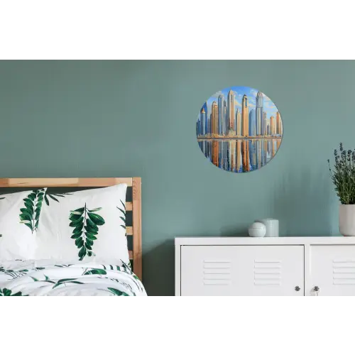 Skyline - Wolkenkrabbers - Water - Blauw Wandcirkel aluminium klein -slaapkamer