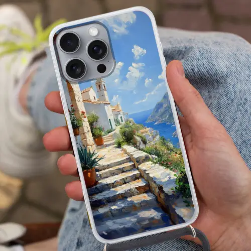 Trap - Huizen - Berglandschap - Zee Hoesje iPhone 16 Pro Max met koord klein -sfeer3