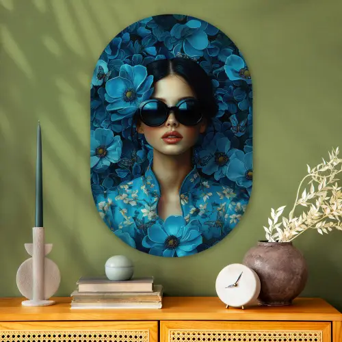 Vrouw - Bloemen - Blauw - Aesthetic - Luxe Wandcirkel Ovaal Glas middel -sfeer2