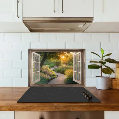 Doorkijk - Bloemen - Natuur - Zon - Pad keuken achterwand spatscherm klein -sfeer2