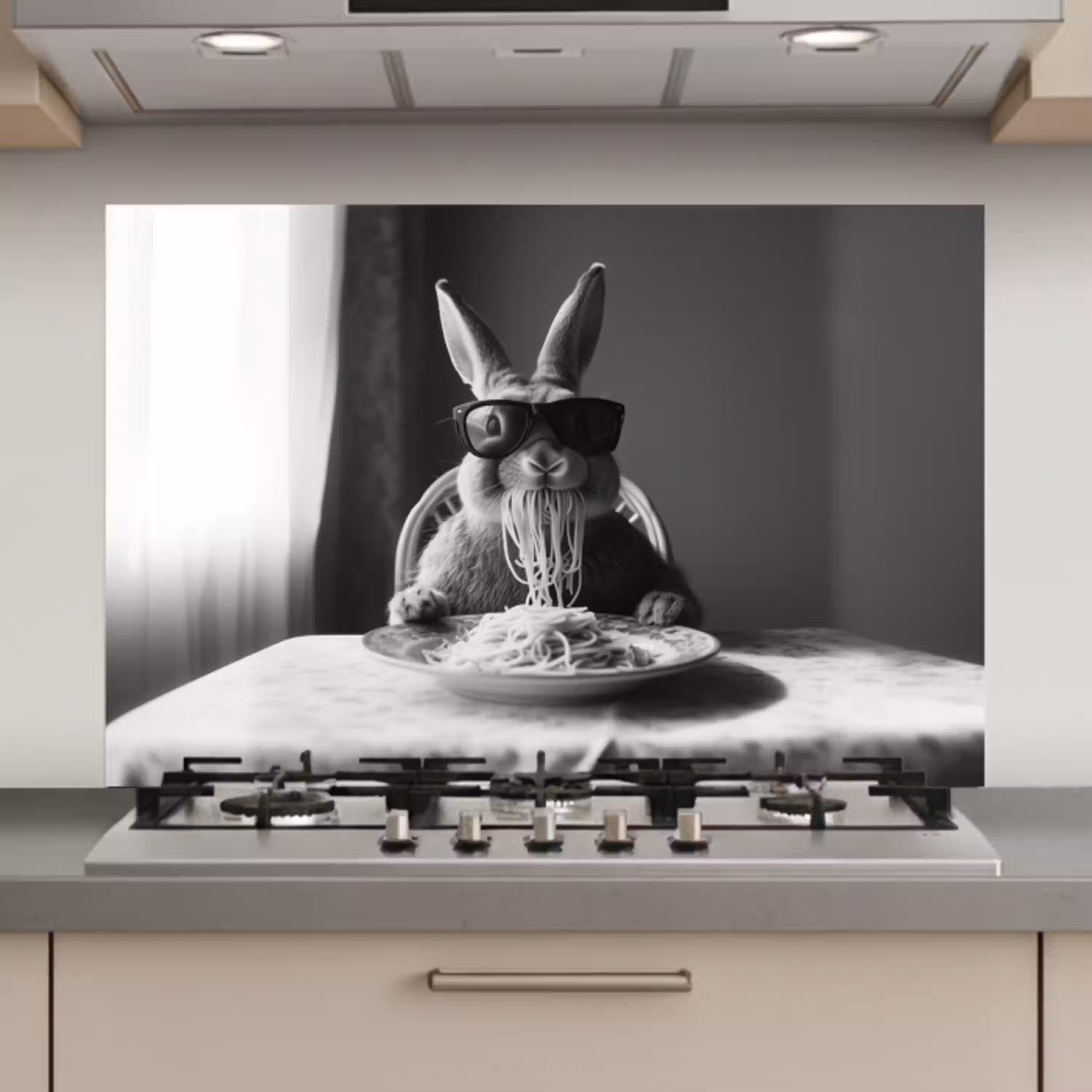Konijn - Bunny - Zonnebril - Tafelkleed - Pasta - Schattig keuken achterwand spatscherm klein -3d_website
