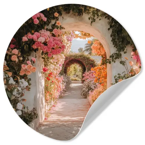 Doorkijk - Boog - Bloemen - Pastel Wandcirkel behangsticker klein -3d