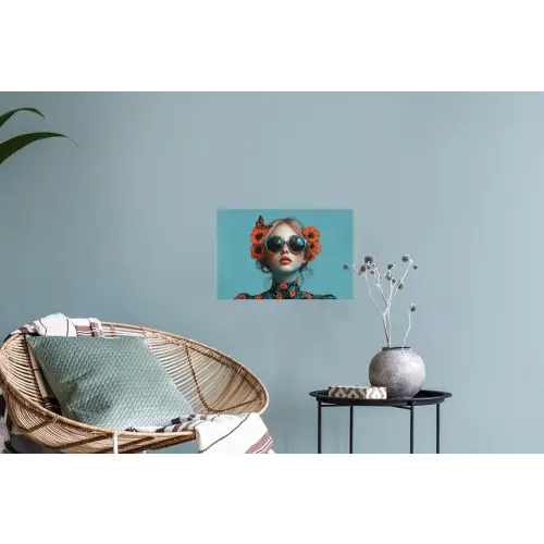 Vrouw - Blauw - Vlinder - Bloemen - Aesthetic Muursticker klein -plant