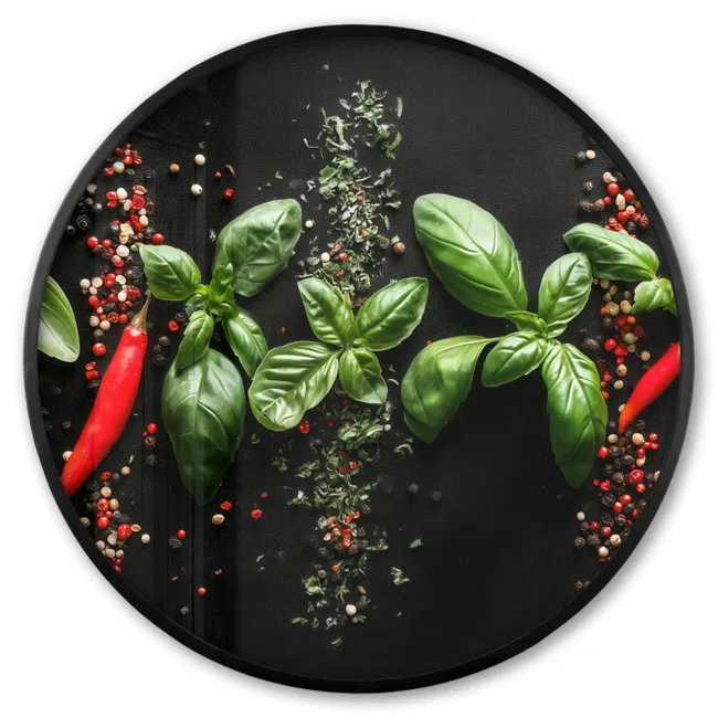Ronde fotolijst - Chilipepers - Basilicum - Blaadjes - Rood