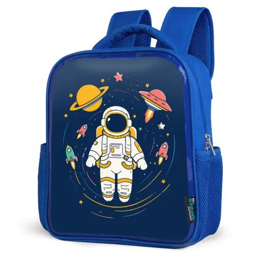 Astronaut - Planeten - Raket Kinderrugzak - Blauw middel -schuin