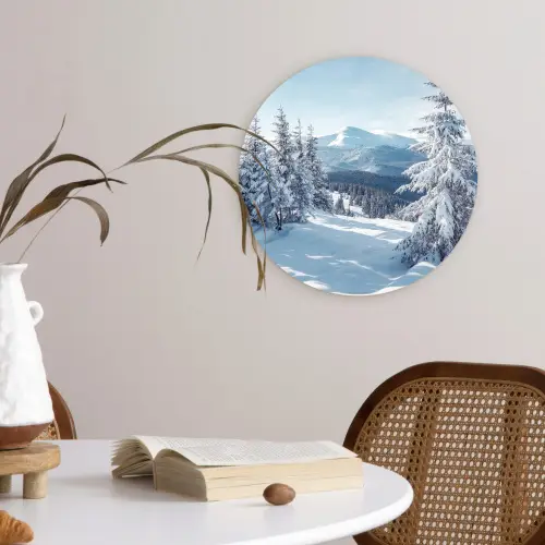 Sneeuw - Winter - Landschap - Bergen Wandcirkel kunststof plaat 5mm dik klein -sfeer4