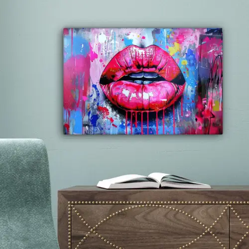 Graffiti - Lippen - Felroze - Geschilderd canvas 2cm klein -sfeer4