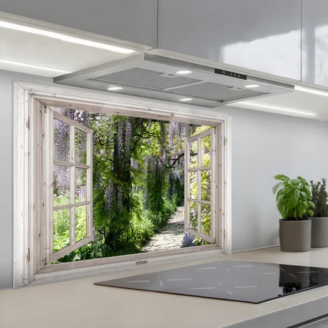 Salpicaderos de cocina - Vista del jardín de glicinas