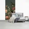 Groene papegaai - Kleurrijke bloemen - Donkere achtergrond fotobehang vinyl groot -slaapkamer