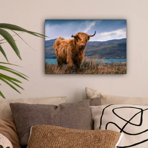 Schotse Hooglander - Berg - Water - Natuur - Koe canvas 2cm klein -sfeer1