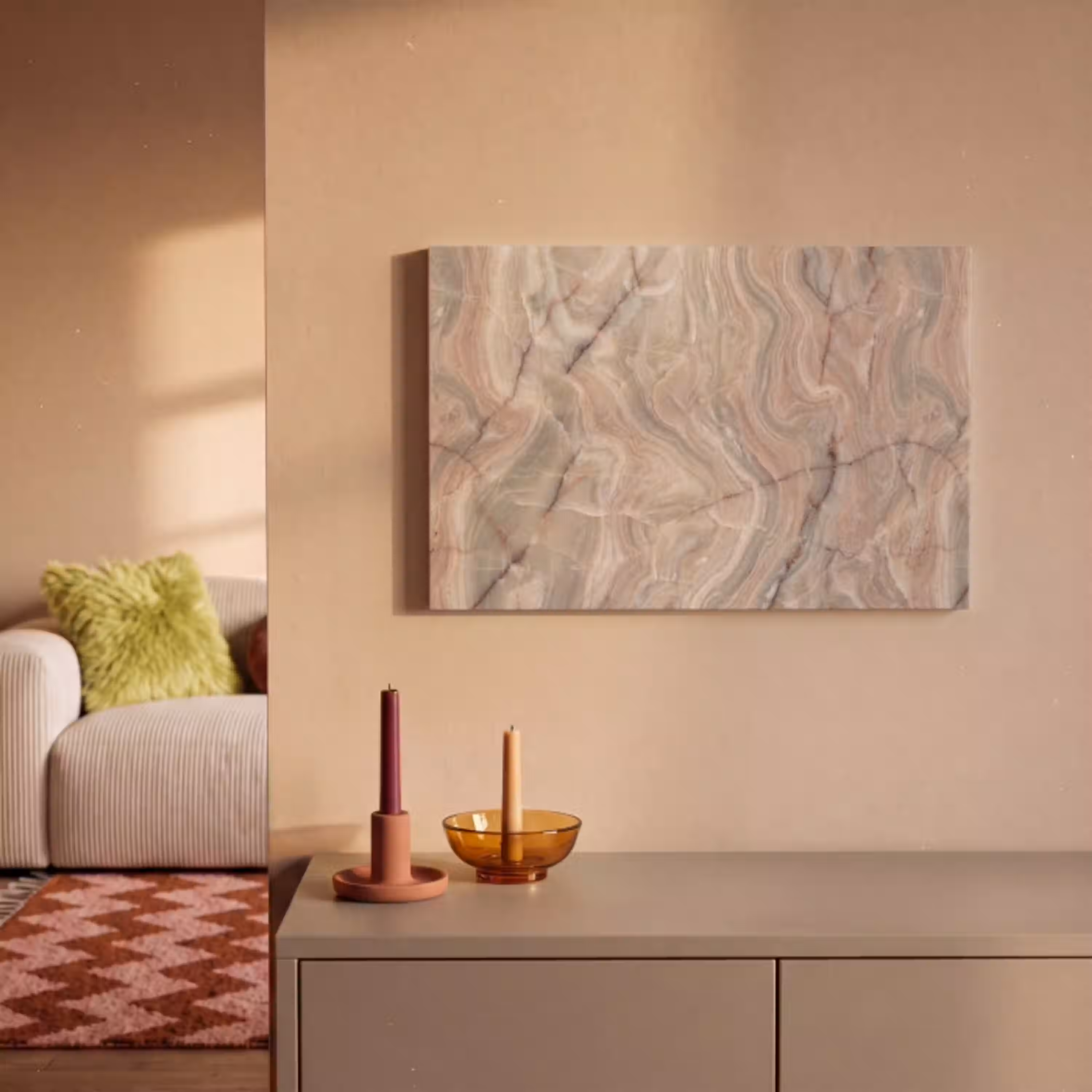 Marmer - Patroon - Abstract - Beige - Groen canvas 2cm klein -sfeer1