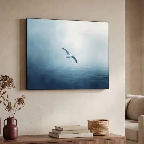 Meeuw - Wit - Zee - Mistig Textielframe zwart klein -sfeer3