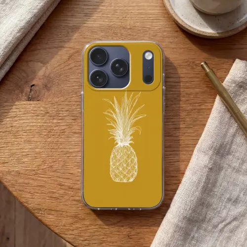 Lijnillustratie - Ananas - Bladkroon - Okergeel Telefoonhoesje iPhone 17 Pro klein -sfeer1