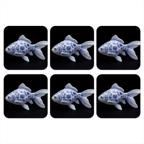 Porselein - Goudvis - Delfts - Blauw onderzetter kurk middel -3d