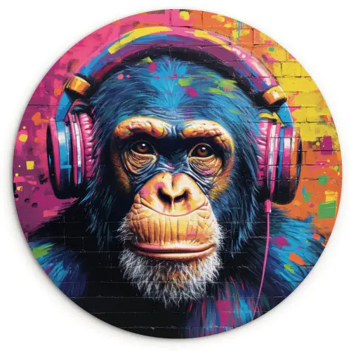Graffiti - Chimpanzee - Street art - Koptelefoon - Aap Wandcirkel kunststof plaat 5mm dik klein -3d
