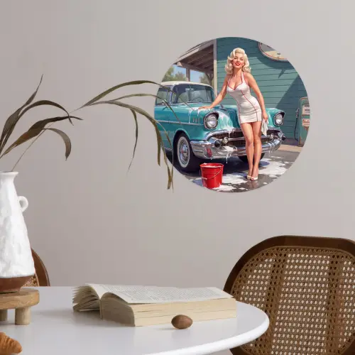 Auto - Vrouw - Groen Wandcirkel behangsticker klein -sfeer3