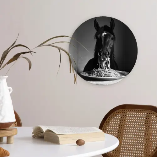 Paard - Bord - Pasta - Tafelkleed - Zwart Wit - Dieren Wandcirkel kunststof plaat 5mm dik klein -sfeer4