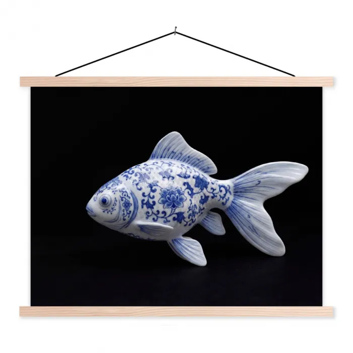 Porselein - Goudvis - Delfts - Blauw textielposter latten blank klein -3d