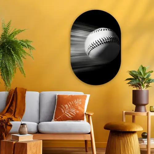 Honkbal - Wit - Vliegt Wandcirkel Ovaal Glas middel -sfeer4