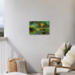Roodborstje bij het Water Tuinposter op houten frame 2 cm dik klein -sfeer1