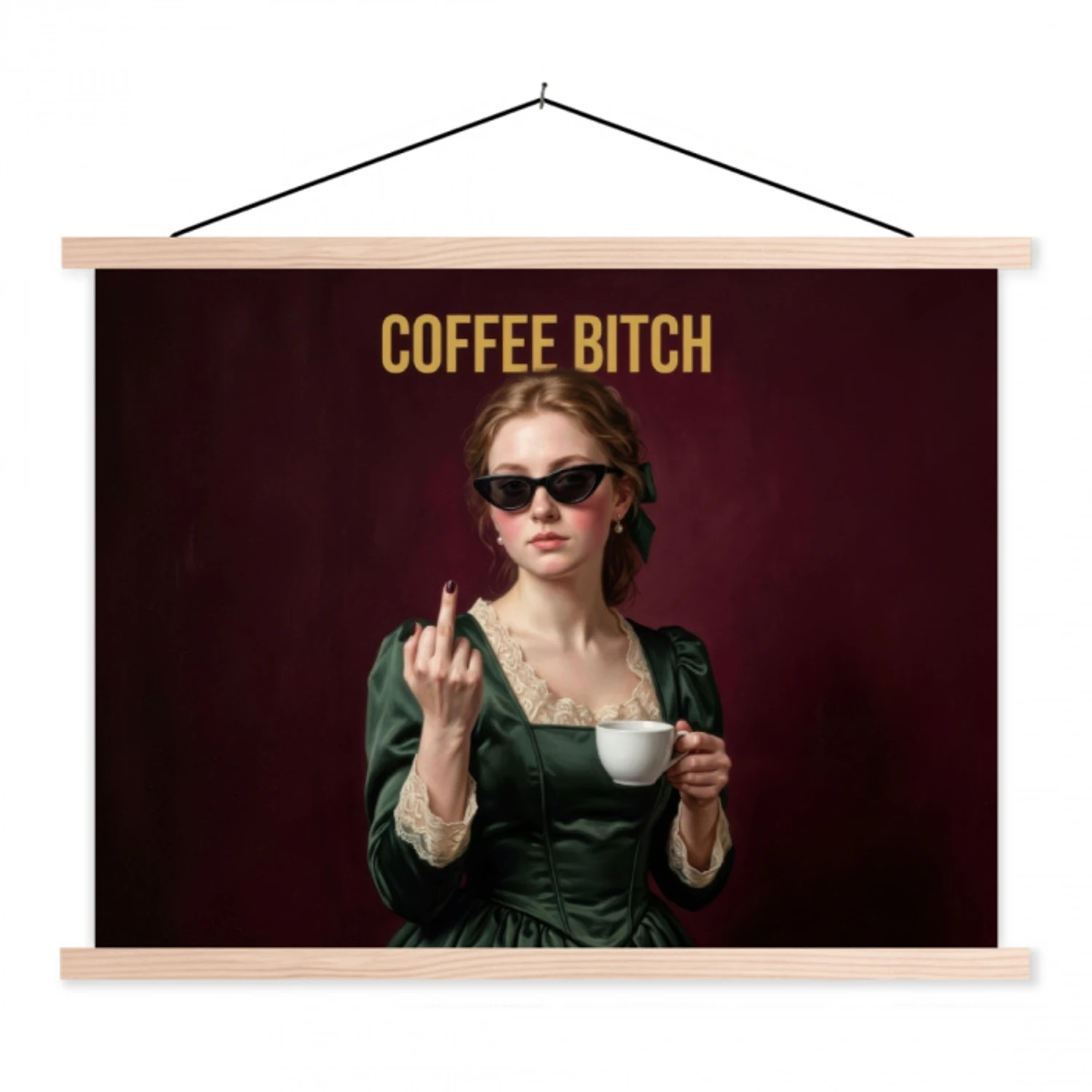 Koffie - Vrouw - Middelvinger textielposter latten blank klein -3d