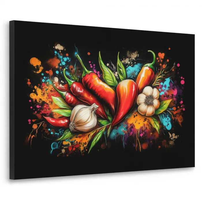 Groente - Peper - Knoflook - Graffiti - Verf - Kleurrijk Textielframe zwart klein -3d