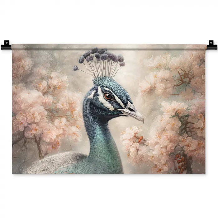 Pauw - Vogels - Bloemen - Boom - Botanisch Wandkleed katoen klein -zz3d