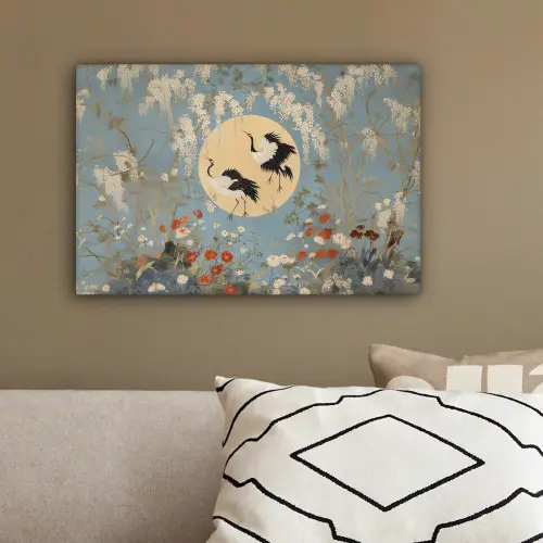 Kraanvogels - Maan - Bloemen - Blauw canvas 2cm klein -sfeer3