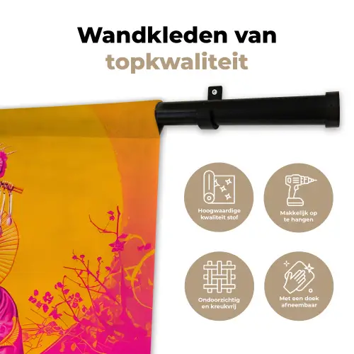 Bloemen - Vrouw - Kimono - Roze Wandkleed katoen klein -sfeer2