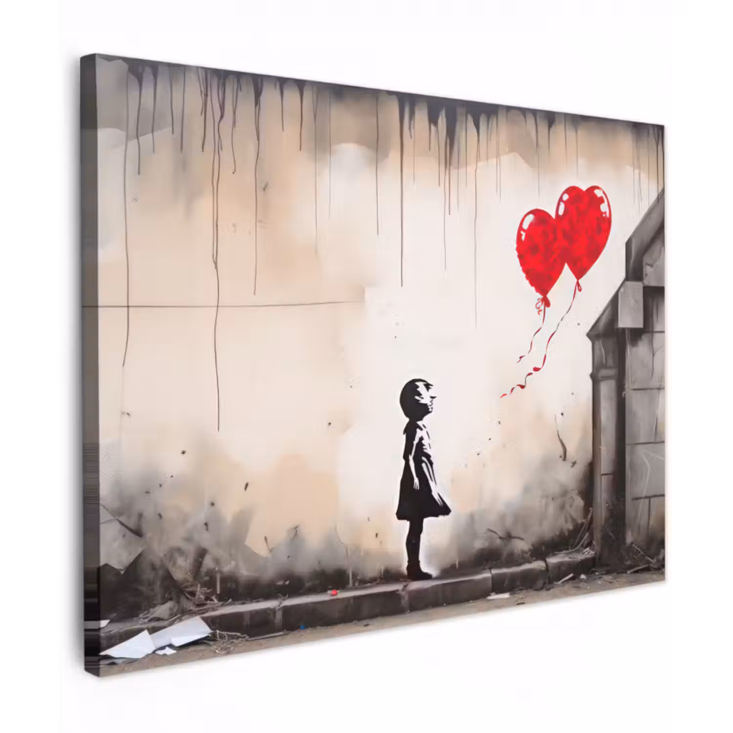Leinwandbild - Kunst - Mädchen - Luftballons - Herz - Grau