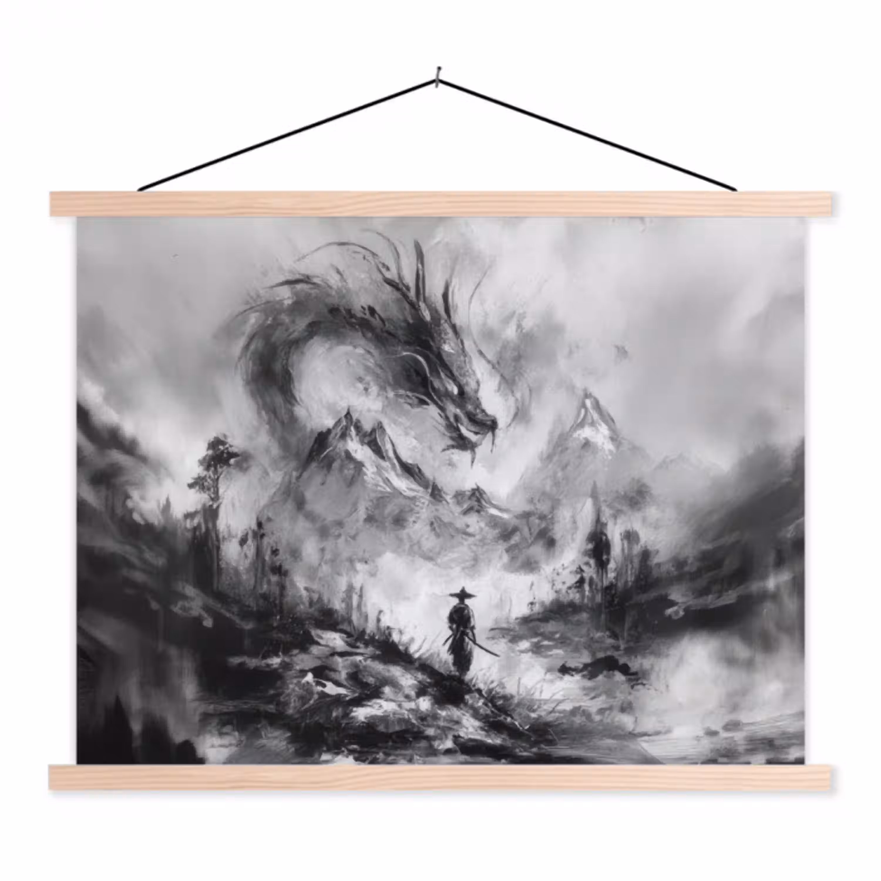 Krijger - Draak - Grijs textielposter latten blank klein -3d