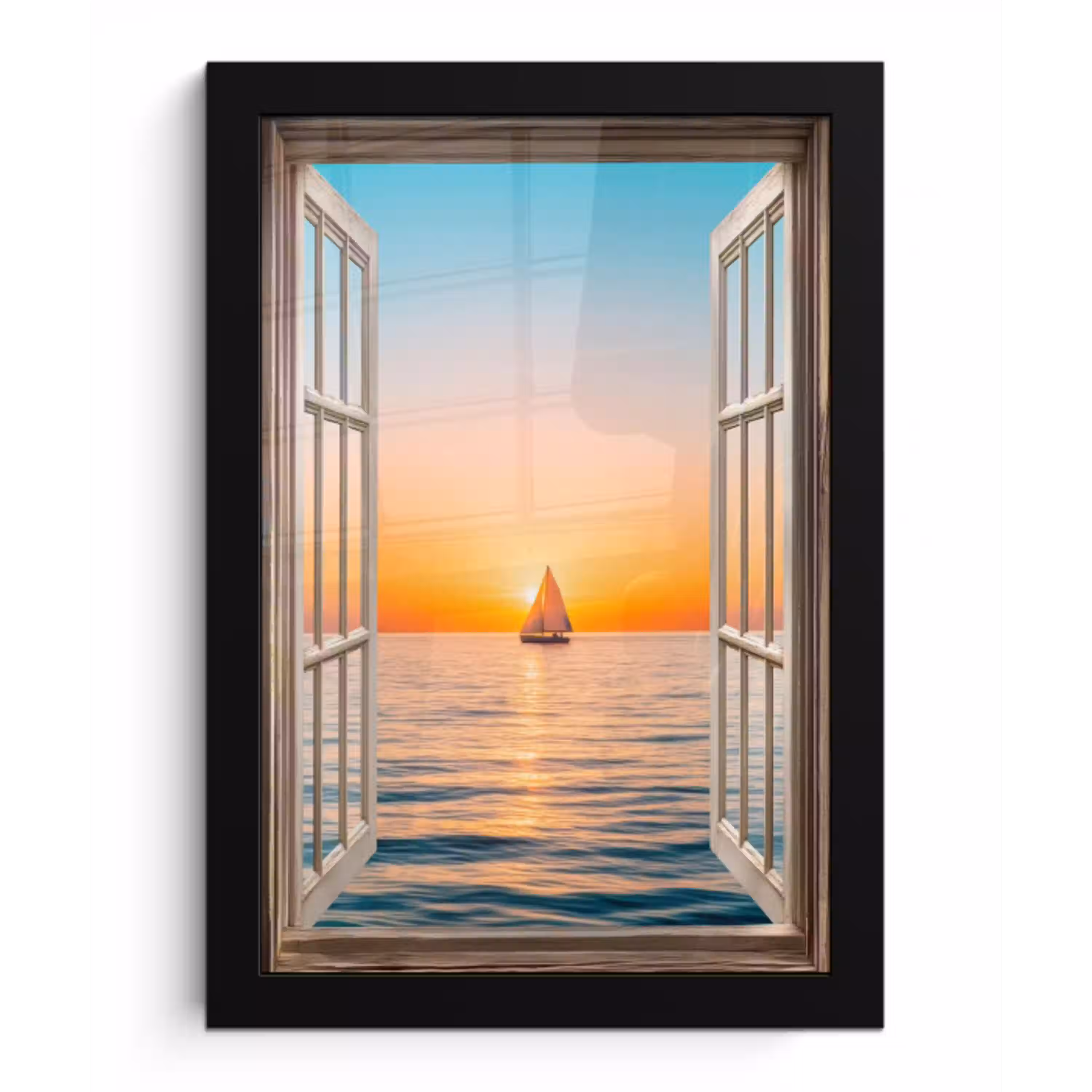 Doorkijk - Zee - Boot - Zonsondergang fotolijst zwart zonder passe partout klein -3d