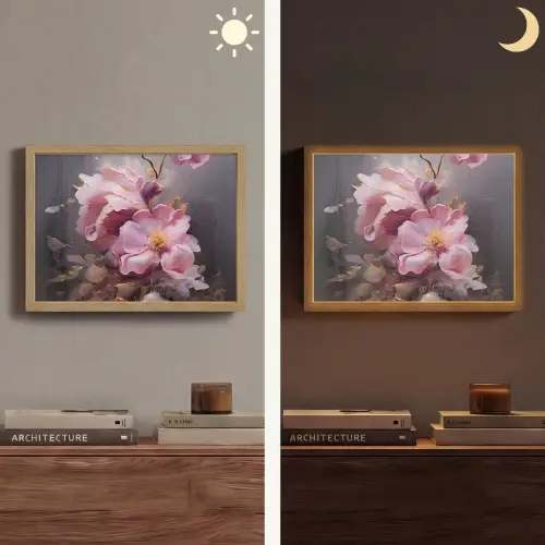Bloemen - Roze - Stilleven - Kunst Light Box met batterij (Wandlamp) middel -sfeer3