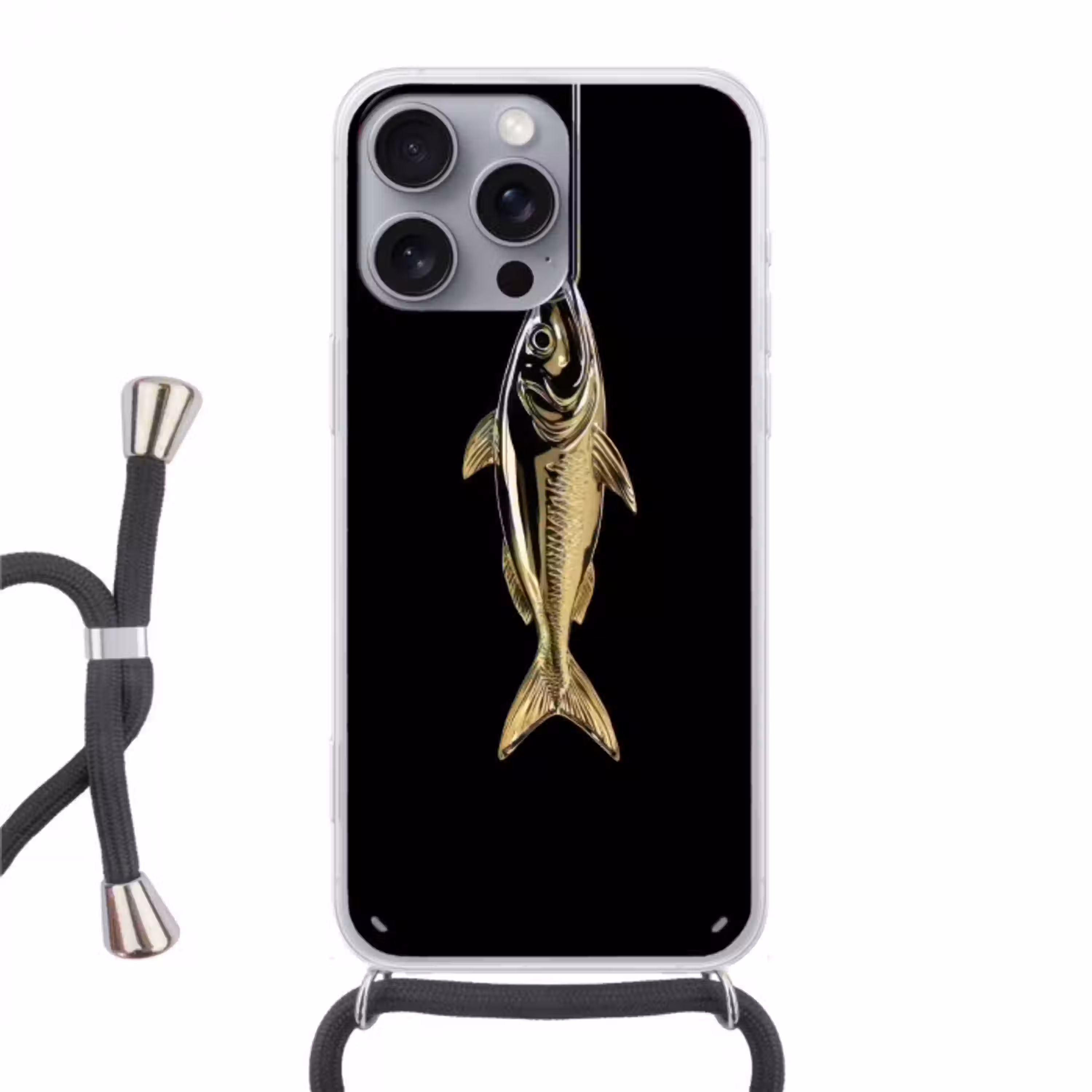 Goud - Vis - Haak - Zwart Hoesje iPhone 16 Pro Max met koord klein -3d
