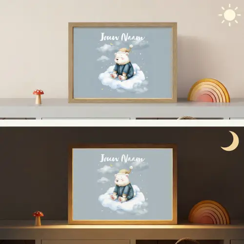 Ijsbeer - Pyjama - Wolken - Sterrenhemel Light Box met batterij (Wandlamp kind) middel -sfeer3_kind